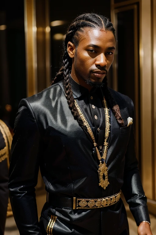 Rich black wedding , black man with thin braids flowing back wearing shiny black Elegant African design wedding suit and shiny shirt with African feel, goatee, intricate details, detailed background, depth of field, photo of a handsome black man, l4tex4rmor,