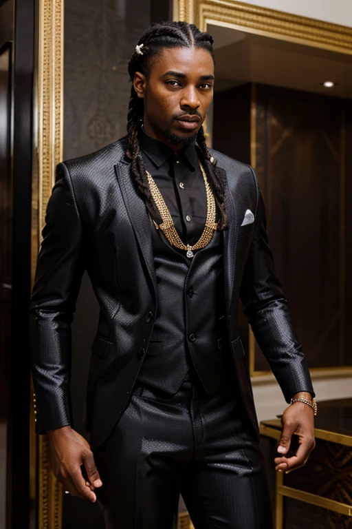 Rich black wedding , black man with thin braids flowing back wearing shiny black Elegant African design wedding suit and shiny shirt with African feel, goatee, intricate details, detailed background, depth of field, photo of a handsome black man, l4tex4rmor,
