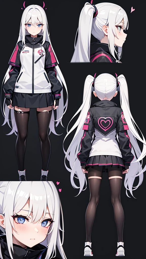 vtuber model, silver hair, grey hair, long hair, straight hair, expressive hair, heart-shaped pupils, dilated pupils, embarrassed, blush, blue eyes, heart in eye, naughty, Conceptual art, modern, anime style, anime, reference sheet, multiple views, from behind, from below, from side, UHD, masterpiece, anatomically correct, super detail, textured skin, high details, high quality, best quality, highres, 8k, art concep, character design,