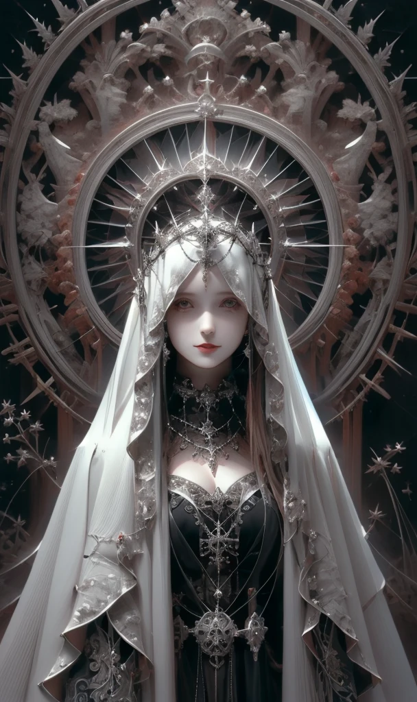 goddess, Gothic Futurism style, Highly detailed illustration, UHD Images, Gorgeous costume details, Black and purple、dark、beautiful、Virgin Solo, High resolution, Long Hair, smile, masterpiece, Anatomically correct, Winner of numerous awards, Highest quality, 