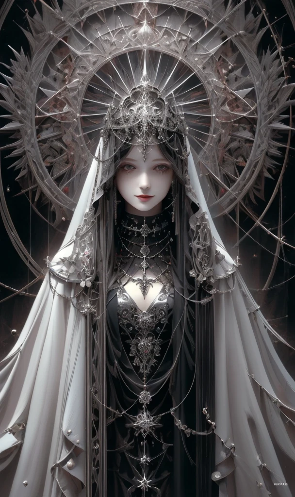 goddess, Gothic Futurism style, Highly detailed illustration, UHD Images, Gorgeous costume details, Black and purple、dark、beautiful、Virgin Solo, High resolution, Long Hair, smile, masterpiece, Anatomically correct, Winner of numerous awards, Highest quality,