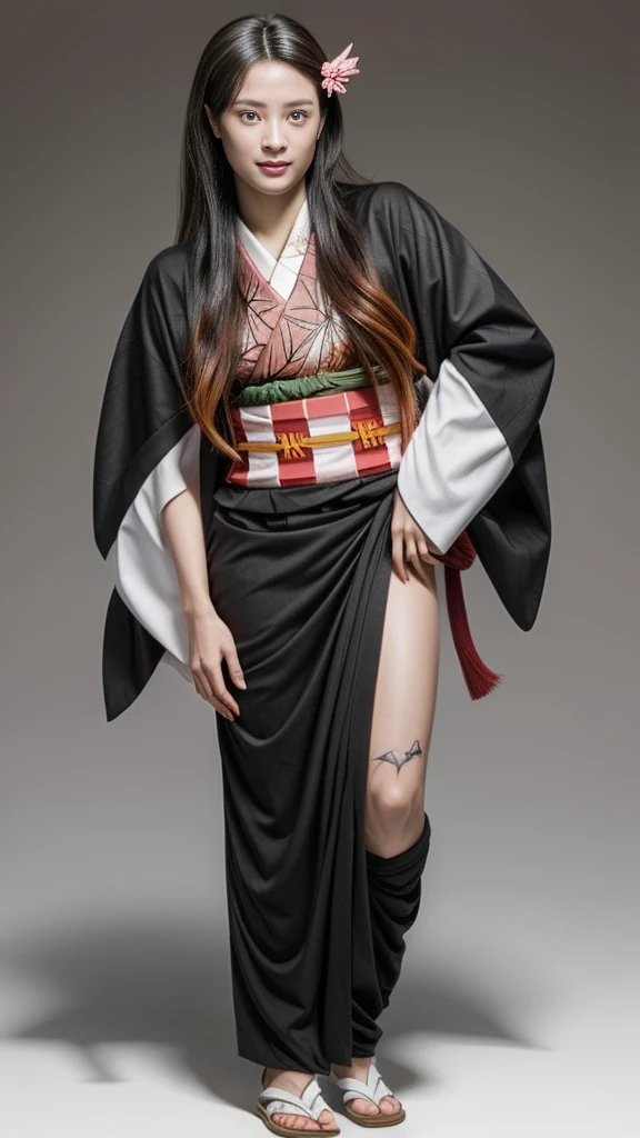 Female, moisturized skin, (pink and bright eyes), (full body: 1.4),
BREAK,
(kicking: 1.3),
BREAK,
(black grass tattoo on body: 1.3),
BREAK,
(cute kimono: 1.2), (black haori: 1.2),
BREAK,
(super long hair), (light gradient hair: 1.3), (red tips: 1.3),
BREAK,
(realistic: 1.3), (super high resolution), (highly detailed: 1.4), (full body: 1.4), (symmetrical: 1.2), (one shot),
BREAK,
(Japanese city: 1.2),
BREAK,
(Demon Slayer: 1.4), (Hirose Suzu: 1.3), (Kamado Nezuko),