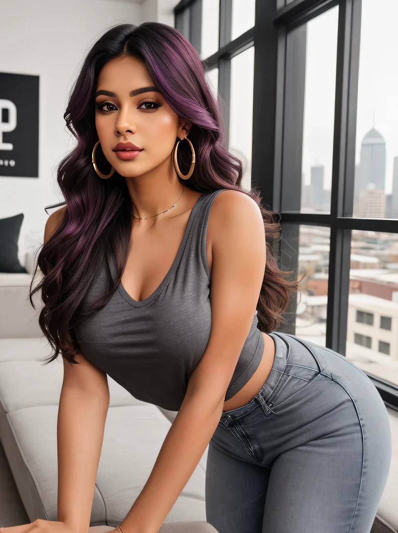 Create an ultra-realistic image of a modern, attractive female influencer of Indian descent, aged between 27 to 30. She should have a warm and inviting smile, expressive almond-shaped eyes with a slight shimmer, and clear, glowing skin with a medium brown complexion. Her features should be well-defined, with high cheekbones and a sharp jawline. Her hair should be long, thick, and wavy, with a natural shine and bounce, styled in loose waves. The hair color is a deep, reddish-purple hue that’s bold yet sophisticated.

She should have a slender yet athletic build with an increased bust and butt size, reflecting a healthy and active lifestyle. She is wearing a charcoal gray cotton V-neck t-shirt that plunges deeply, revealing a significant portion of her chest. The t-shirt is designed with a relaxed fit and soft, breathable fabric that drapes gracefully, emphasizing her ample bust and offering a modern, sophisticated look.

Her outfit includes blue tight jeans that complement her curves, enhancing both her bust and butt. The jeans are stylish and fitted to accentuate her shape. She completes her look with subtle yet chic jewelry, such as small hoop earrings and a few thin bangles.

The background should be a chic urban loft with exposed brick walls, a minimalist gray sofa, and large windows offering a view of the city skyline, adding to the sophisticated urban vibe.

Her overall appearance should exude confidence, approachability, and sophistication, capturing the essence of a contemporary Indian fashion influencer.

