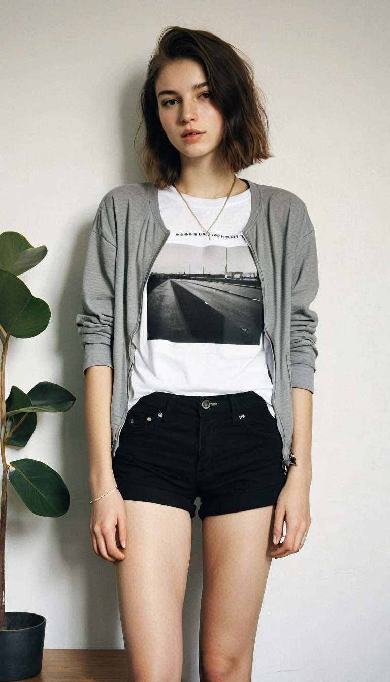photography of a 20yo woman, masterpiece, loose tshirt, tight black shorts, jacket, photorealistic,analog,realism