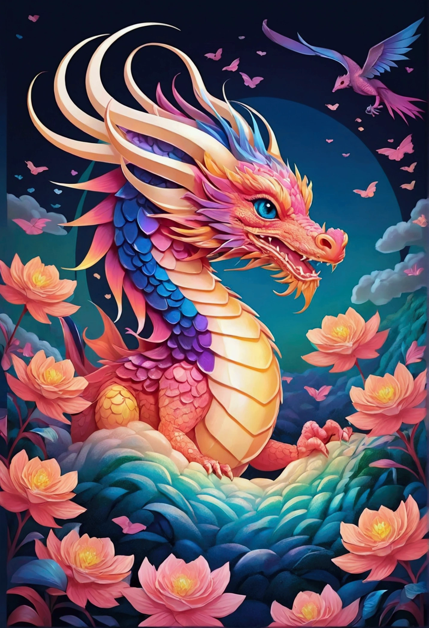 Highest quality, masterpiece, (ground:1.5), Cute gradient Asian dragon, Iridescent bird with kind eyes, Floral, ground, landscape, plant, Isoscale, Beautiful concept art