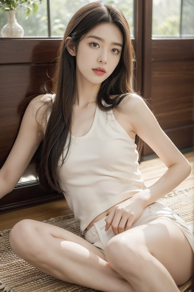(((best quality))),(((ultra detailed))),(((masterpiece))),illustration,((1 beautiful girl,solo)),((slim,thin)),((small breasts,flat chest)),serene, Japanese countryside, summer, ((white tank top, shorts)),(slender legs:1.2), resilience, vitality, Japanese-style room, tatami mats, paper sliding doors, natural light, warm ambiance, minimalistic furniture, harmony, nature, human existence, radiant complexion,(shoulder length straight hair:1.2), ethereal, determination, unwavering spirit, adversity, stunning appearance, captivating, interplay of light and shadow, intricate details, heat, strength, tranquility, inner peace, summer beauty, human subject,resilience, harmonious coexistence,electric fan, watermelon,((from front,upper body))