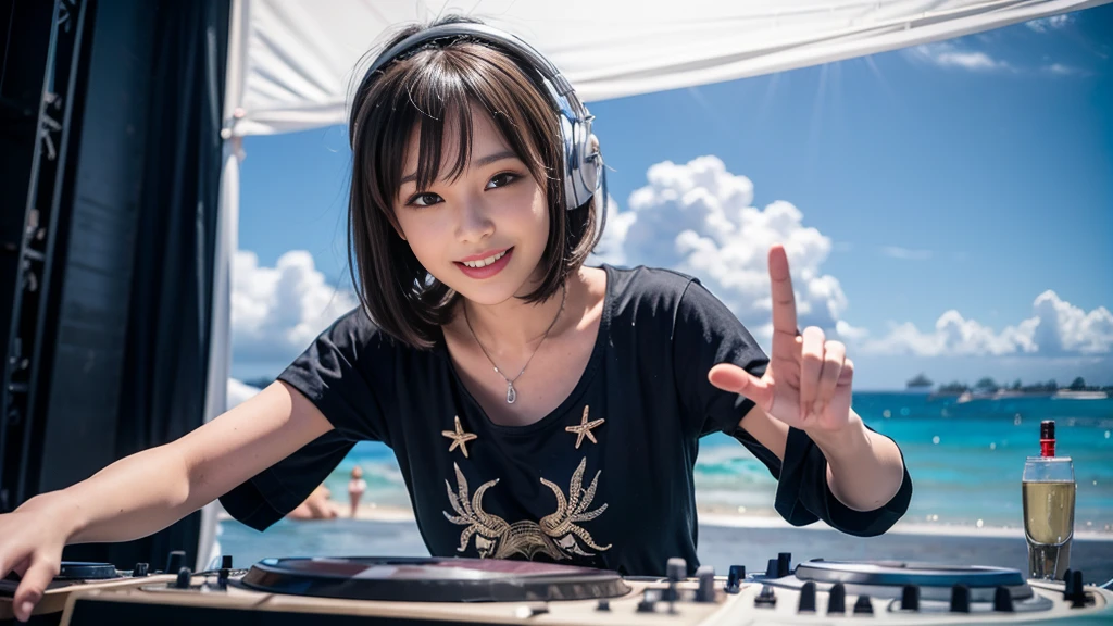 (ultra - detailed, 16K resolution, Cinema lenses, rendering by octane), (high resolution:1.18), intricate detail, (masterpiece:1.1), (highest quality:1.1), (1girl, portrait, white hair, blue eyes, short hair, detailed eyes),Wearing silver DJ headphones, sequined T-shirt, (in the beach:1.5), (Iconic hip-hop pop costumes:1.3), Smile while DJing on stage, DJ studio next to the beach, ((A stylish DJ stage on a hill overlooking the beach)), full body shot, Photorealistic photography by Sunshine, (cute round face:1.3), perfect fingers, five fingers, beautiful hands, perfect hands. master peace, cute smile, Fixhand.