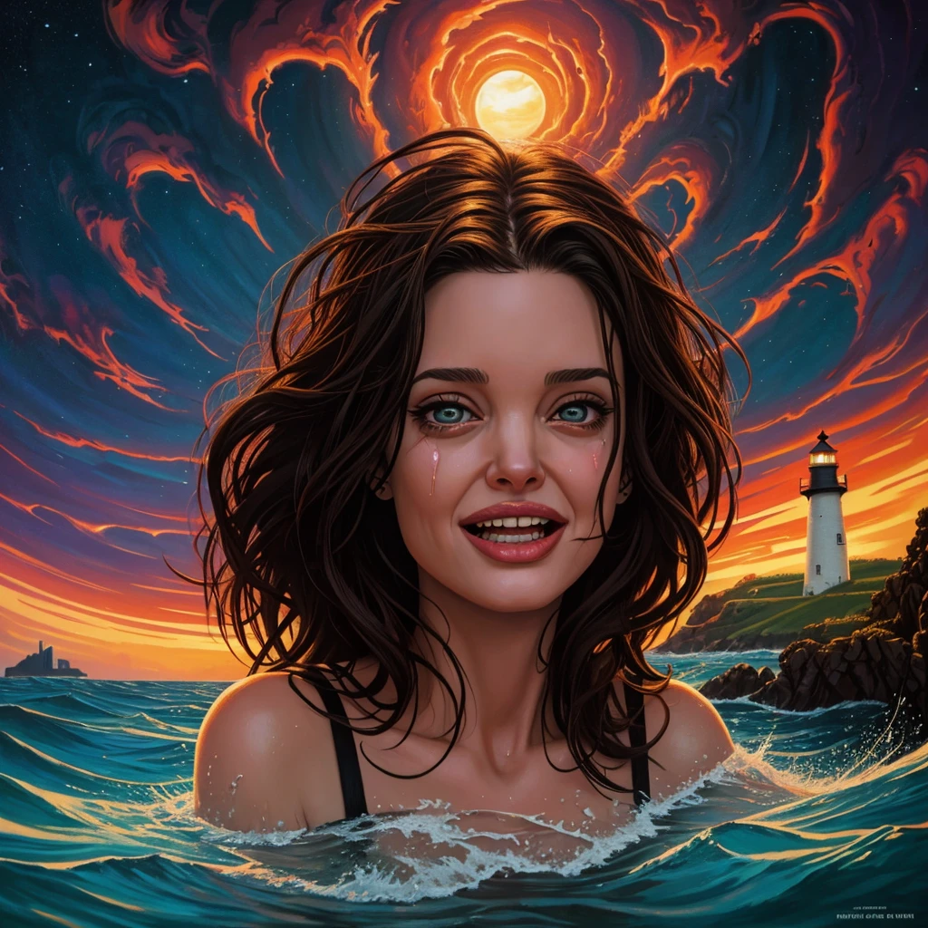 front view oil painting of a woman with face of Winona Ryder morphed with Angelina Jolie laughing with gigantic hairdo, upper body pointing up from water surface like two islands, mouth full of water, puffed out cheeks, tears of joy, whale, lighthouse in the background, shamanic horror lsd art, psychedelic cosmic horror, psychedelic surreal art, anya_taylor-joy, surreal painting, horror surreal art, hallucinatory art, trippy art, surreal concept art, casey weldon, scary color art in 4k