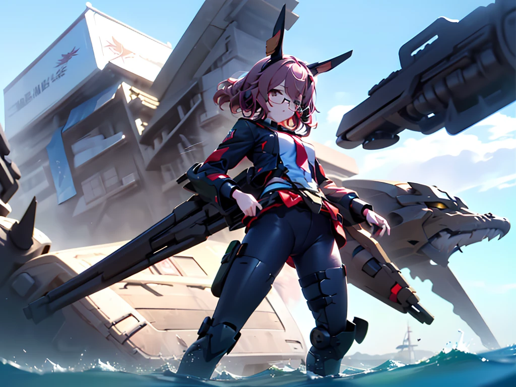 (((masterpiece, Vision))), ((((Full body of a woman with perfect flat chest、1 Female、solo、Short unkempt black hair、Tie your messy hair at the nape of your neck、white military jacket、Miko costume、black tights、Black glasses are black、White military cap、Cloudy black eyes、Confused eyes、Junyo-inspired emblem、Ship-style boots)))), (((Shipgirl))), ((Floating on the morning sea with both feet)), (Standing with your legs apart)), Aim, (Hold the shotgun turret grip with your right hand), (Four white mechanical dragons extend from its back.), (Equipped with a small hull with turrets on either side of the waist), (Equipped with a bridge on the back), (Left arm holds the grip of a double-barreled shotgun),