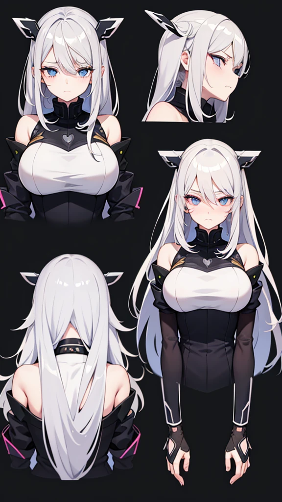 vtuber model, silver hair, grey hair, long hair, straight hair, expressive hair, heart-shaped pupils, dilated pupils, embarrassed, blush, blue eyes, heart in eye, naughty, Conceptual art, modern, anime style, anime, reference sheet, multiple views, from behind, from below, from side, UHD, masterpiece, anatomically correct, super detail, textured skin, high details, high quality, best quality, highres, 8k, art concep, character design, teen