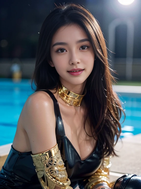 Latex bodysuit、Knee-high boots、Huge 、Long brown hair、Shiny, Oily skin、Glowing Skin、Indoor competition pool、White skin、 Body Portrait, 8k, Narrow and beautiful eyes, Dindal effect, masterpiece, 最high quality, high quality, High resolution, Very detailed photos, (Natural skin texture, Fine skin, Hyperrealism, Ultra Sharpness) , Skin with attention to detail, (Very fine, Fine skin texture, Intricate details, Beautiful Face, (A vivid face), Realistic eyes, Beautiful and detailed, Realistic Skin, Beautiful Skin, surreal, Very detailed, Golden Ratio, Smiling Eyes, ((Night moonlight background)), Body Portrait, glamorous, Shiny Bodysuit