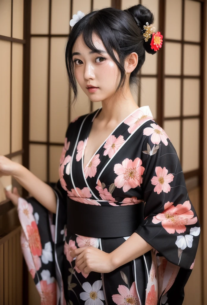 Full body, wearing a slightly revealing floral yukata, beautiful glossy black obi, masterpiece, hot and languid expression, slightly sweaty, 8K quality, black hair, hair down in front, hair back in a bun, flower hair ornament, cute round eyes like in a Japanese anime.