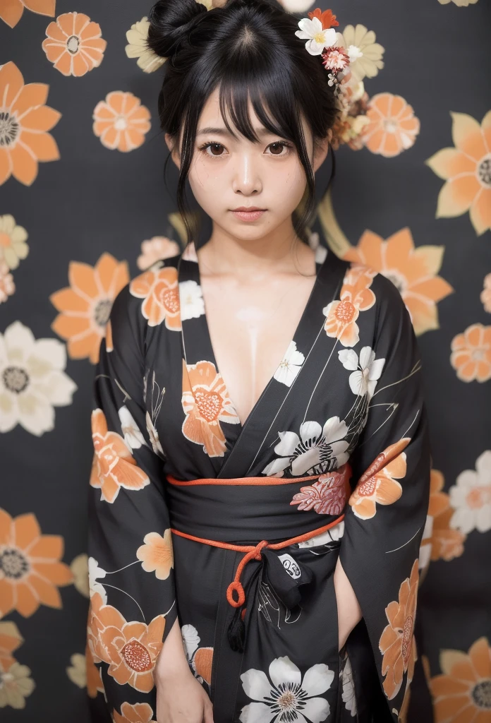 Full body, wearing a slightly revealing floral yukata, beautiful glossy black obi, masterpiece, hot and languid expression, slightly sweaty, 8K quality, black hair, hair down in front, hair back in a bun, flower hair ornament, cute round eyes like in a Japanese anime.