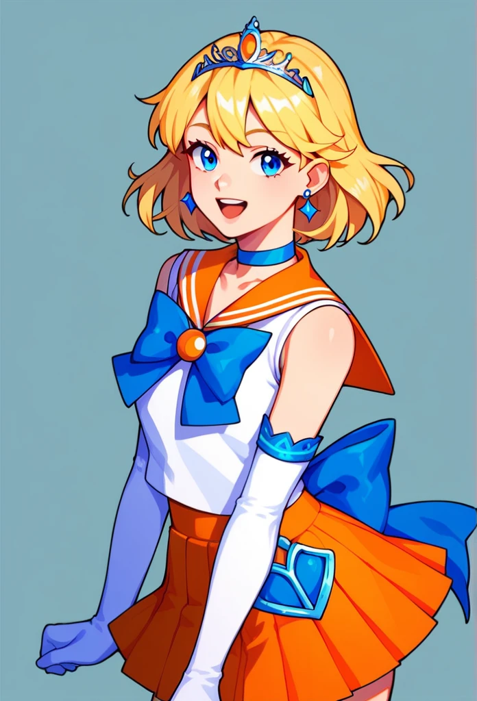 score_9, score_8_up, score_7_up,score_6_up, score_5_up, score_4_up , 1girl, solo, aavenus, long hair, blonde hair, hair bow, tiara, earrings, blue eyes, orange choker, orange sailor collar, blue bow, white shirt, elbow gloves, white gloves, pleated skirt, orange skirt, bare legs, aamercury, short hair, blue hair, tiara, earrings, blue eyes, blue choker, blue sailor collar, blue bowtie, white shirt, elbow gloves, white gloves, pleated skirt, blue skirt, bare legs, happy, cowboy shot, simple background