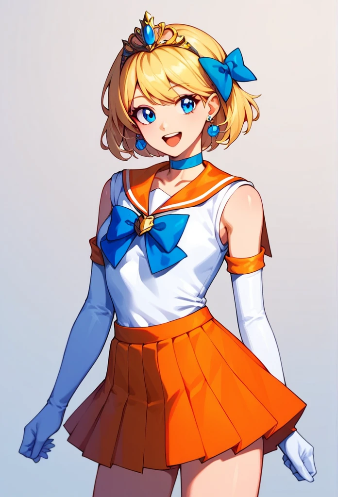 score_9, score_8_up, score_7_up,score_6_up, score_5_up, score_4_up , 1girl, solo, aavenus, long hair, blonde hair, hair bow, tiara, earrings, blue eyes, orange choker, orange sailor collar, blue bow, white shirt, elbow gloves, white gloves, pleated skirt, orange skirt, bare legs, aamercury, short hair, blue hair, tiara, earrings, blue eyes, blue choker, blue sailor collar, blue bowtie, white shirt, elbow gloves, white gloves, pleated skirt, blue skirt, bare legs, happy, cowboy shot, simple background