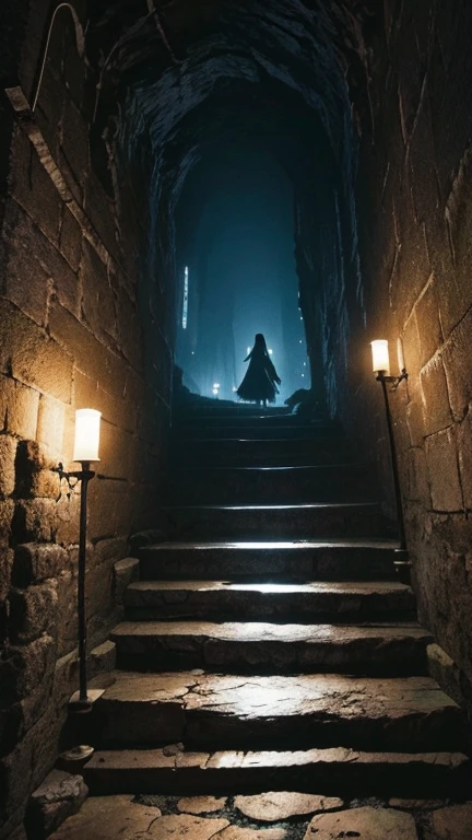 The woman is descending the stairs of a cave in a dim, eerie atmosphere, shrouded in a thick, swirling dark fog, her clear, menacing expression evoking a sense of dread and unease. The woman is illuminated by faint flickering candlelight, giving the scene an otherworldly glow, and the deep blue and purple tones are dominant, with antique, used and distressed textures adding to the haunting and cinematic quality of this scene.
