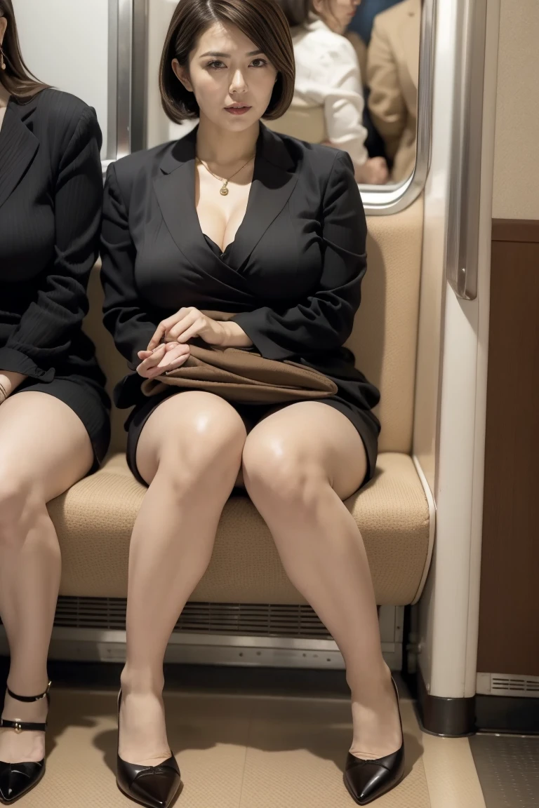 One woman, Knee height seat, Disliked expression, A look of contempt, sit in a train seat, Shooting from above at an angle, Photo taken from the opposite chair, Sit with your knees facing forward, Beautiful woman, Sit with your knees together, Wavy brown hair, Big women, High heels, Luxurious and flashy clothing