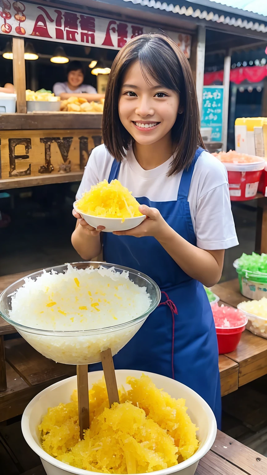 (masterpiece, Best Quality), 1 girl in, smile, Session, looking at the viewer, sitting at the food stall, a bowl of shaved ice on the table, evening