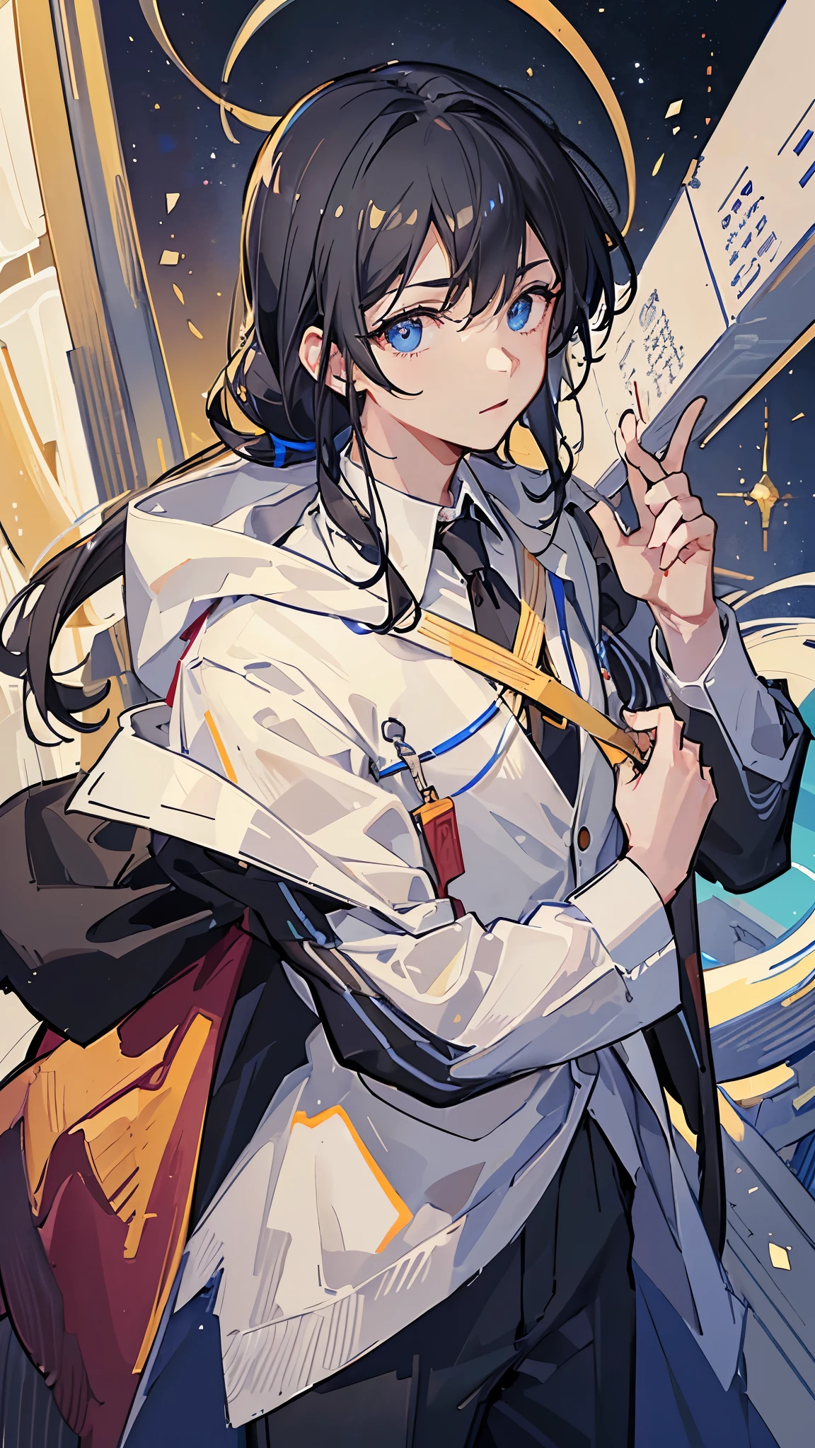 (Highest quality)), ((masterpiece)), (detailed),Background is the research institute、I have documents in my hand、Researcher、A man around 35 years old、A man with waist-length black hair tied back、Wearing a white lab coat,Eye color is a calm blue、Where to Find Them Lab。