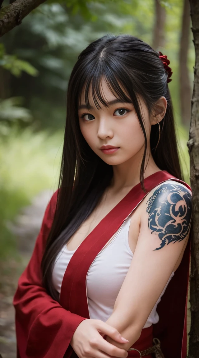 ２０Year、beautiful,、 Girls、warrior、dragon tattoo on body、Hold the Japanese sword in front of your body、Draw and hold the sword、Sharp eyes、Red blood on cheeks、In the woods、