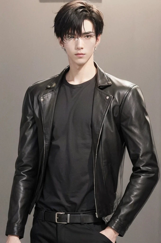 at office,wearing black leather jacket,two block haircut, Attractive man,Live-action photo,Handsome and sunny,(SLR effect,Reality,8K,Hyper-detailing,Absolute realism)