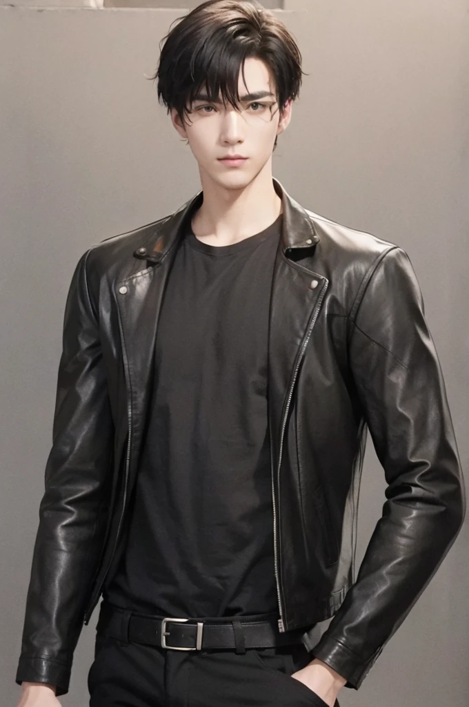 at office,wearing black leather jacket,two block haircut, Attractive man,Live-action photo,Handsome and sunny,(SLR effect,Reality,8K,Hyper-detailing,Absolute realism)