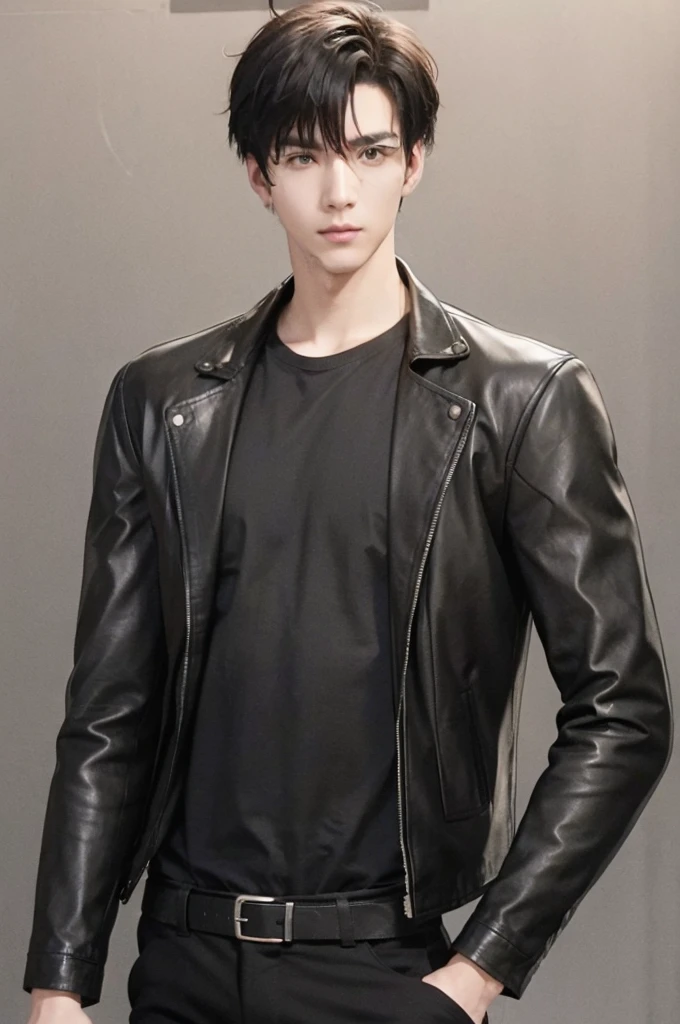 at office,wearing black leather jacket,two block haircut, Attractive man,Live-action photo,Handsome and sunny,(SLR effect,Reality,8K,Hyper-detailing,Absolute realism)