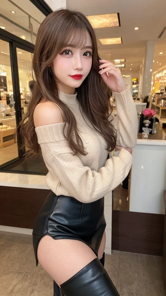 High resolution、Blonde Hair、girl、Light Hair Color、sexy、Thin legs、Beautiful eyelashes、High resolution、Zoom out、20-year-old、 Wide viewing angles、Highest quality、Very detailed、Finer details、High resolution、8k wallpaper、Beautiful eyes in every detail、Natural lip color、Off-the-shoulder sweater、leather skirt、mini skirt、(thigh-high boots:1.2)、long hair、wave hair、Hotel、Cute Face、Small face、looking at the camera、Shopping Centre、Apparel Shop