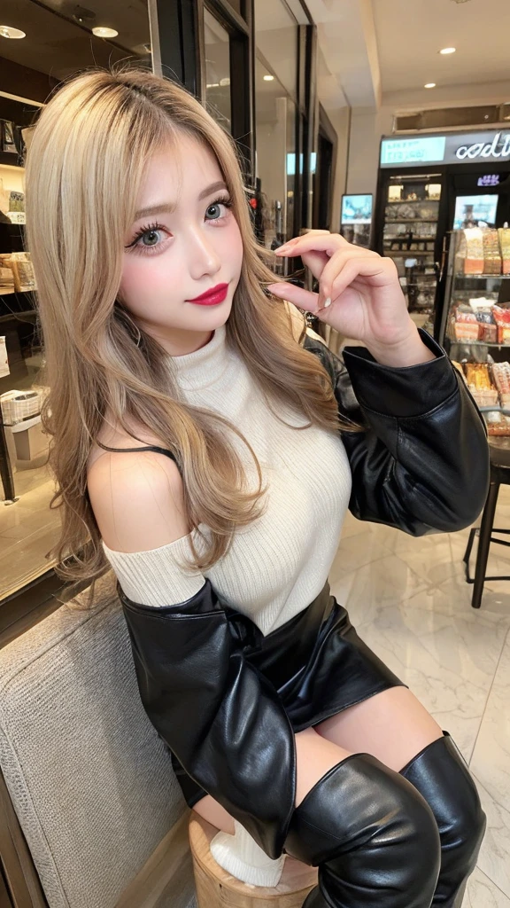 High resolution、Blonde Hair、girl、Light Hair Color、sexy、Thin legs、Beautiful eyelashes、High resolution、Zoom out、20-year-old、 Wide viewing angles、Highest quality、Very detailed、Finer details、High resolution、8k wallpaper、Beautiful eyes in every detail、Natural lip color、Off-the-shoulder sweater、leather skirt、mini skirt、(thigh-high boots:1.2)、long hair、wave hair、Hotel、Cute Face、Small face、looking at the camera、Shopping Centre、Apparel Shop