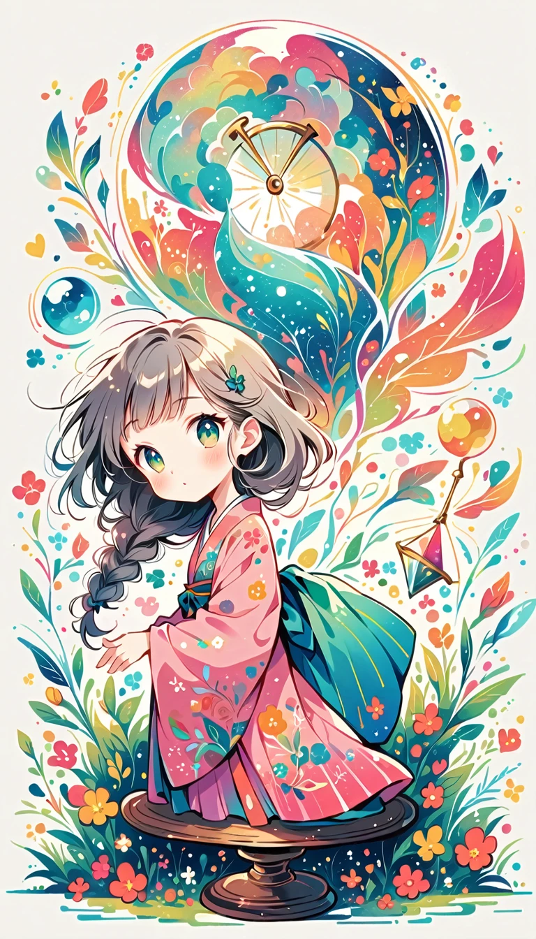 white background, Fujichoco style, pink kimono, (((The Most Beautiful Girl))), gray hair, shining pupils, ((hourglass)), vivid colors, white background, simple background, Simple line initialism, 8k,