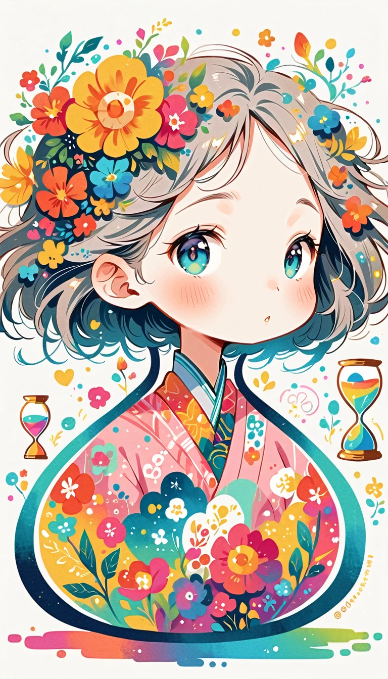 white background, Fujichoco style, pink kimono, (((The Most Beautiful Girl))), gray hair, shining pupils, ((hourglass)), vivid colors, white background, simple background, Simple line initialism, 8k,