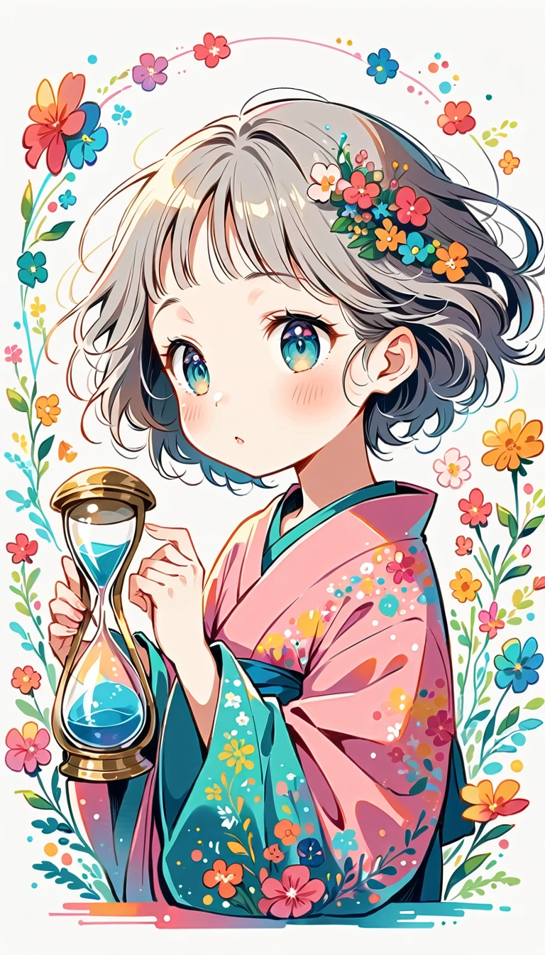 white background, Fujichoco style, pink kimono, (((The Most Beautiful Girl))), gray hair, shining pupils, ((hourglass)), vivid colors, white background, simple background, Simple line initialism, 8k,