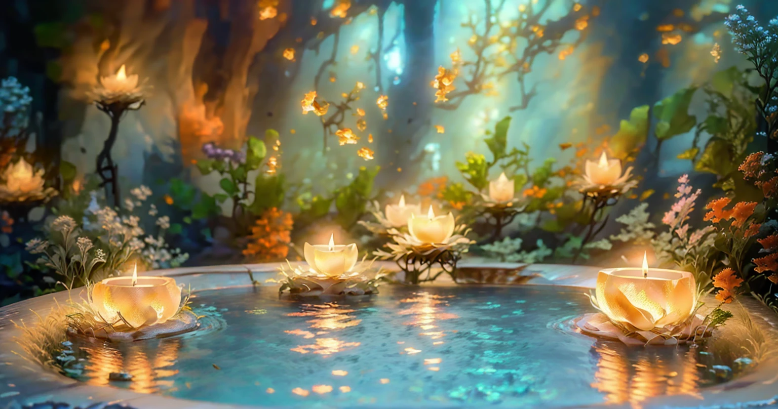 Candles lit in a hot tub filled with water and plants, Relaxing concept art, Relaxing environment, Relaxed atmosphere, Unreal Engine ; Romantic Theme, Peaceful atmosphere, Fantasy Style 8 k Octane Rendering, (Octane Rendering) Fantasy Style, Magical Environment, Detailed cinematic rendering, A pleasant and enchanting scene, Magical Scene, Close-up cinematic underwater scenes, 8k Sensual Lighting, Photorealistic cinematic rendering,8k,