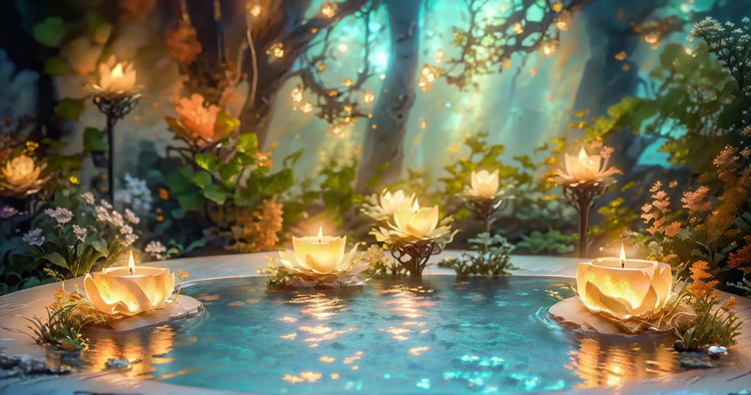 Candles lit in a hot tub filled with water and plants, Relaxing concept art, Relaxing environment, Relaxed atmosphere, Unreal Engine ; Romantic Theme, Peaceful atmosphere, Fantasy Style 8 k Octane Rendering, (Octane Rendering) Fantasy Style, Magical Environment, Detailed cinematic rendering, A pleasant and enchanting scene, Magical Scene, Close-up cinematic underwater scenes, 8k Sensual Lighting, Photorealistic cinematic rendering,8k,