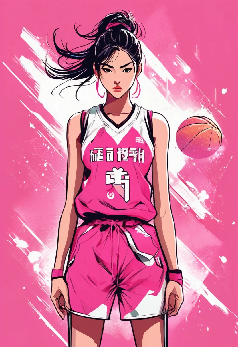 An idol korean girl, wearing pink basketball jerseys, look to the side, angry face, vector style, manga style, digital art, by Marshall Arisman, cover illustration, 70mm, 7 0 mm, 70 mm, book cover illustration, by Brigette Barrager, album cover, novel cover art for a book, art concept for a book cover, cover art, 7 feet tall,