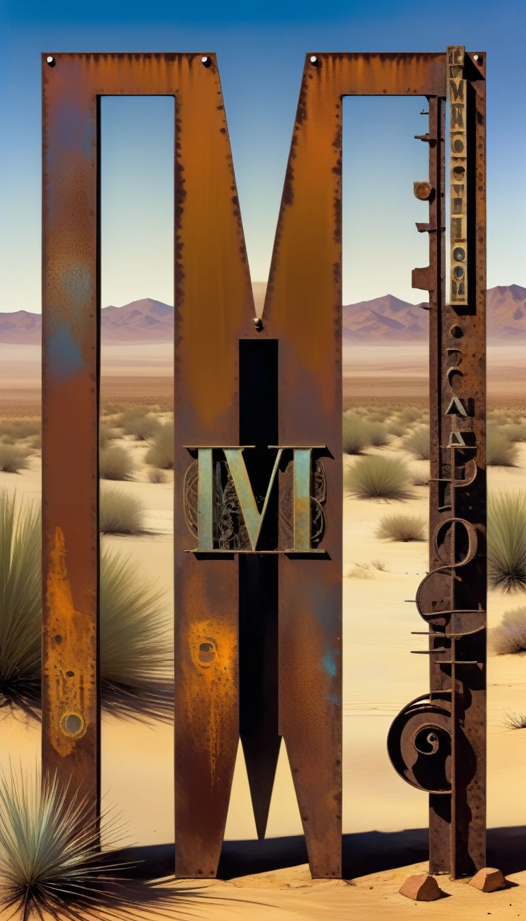 Rusty metal sign in the desert, Some metal letters cover it, ((The text is:"Victor Olano")) (Art inspired by Dave McKean, Complex details, painting)