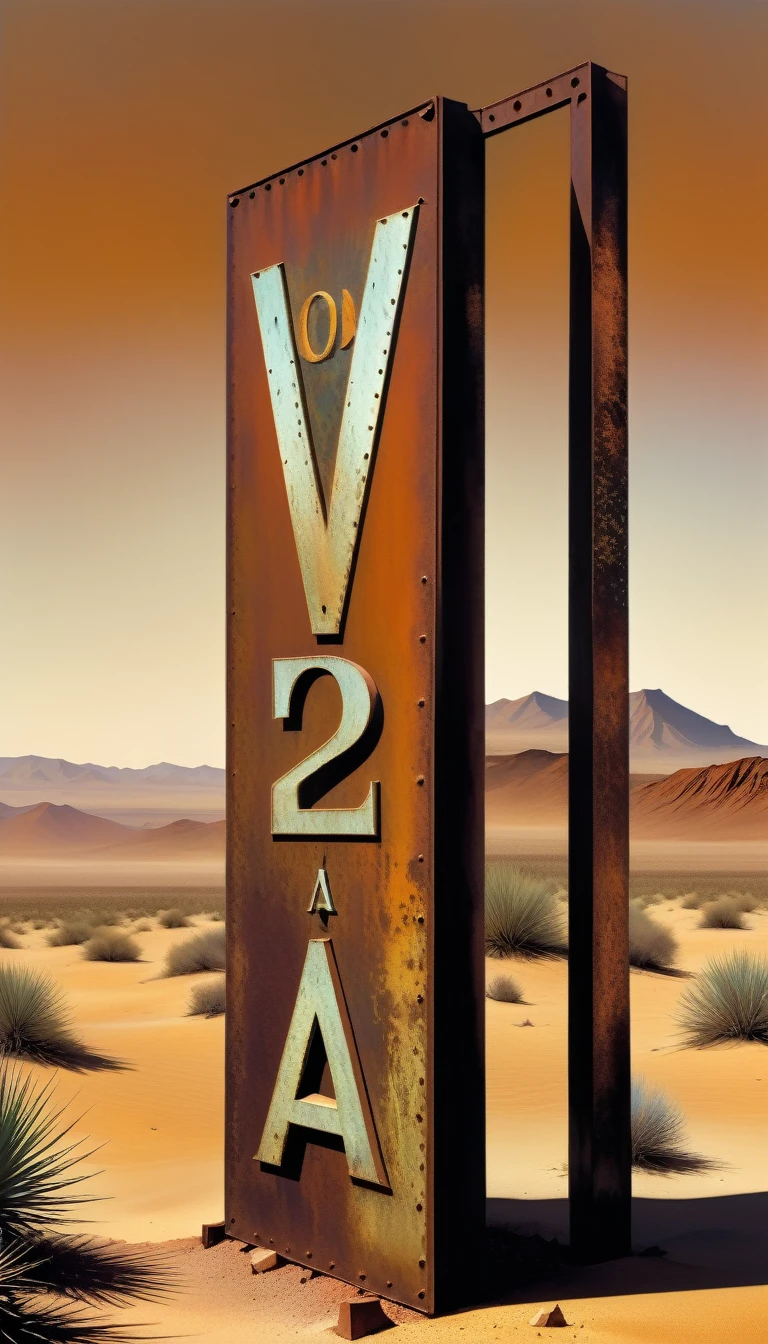Rusty metal sign in the desert, Some metal letters cover it, ((The text is:"Victor Olano")) (Art inspired by Dave McKean, Complex details, painting)