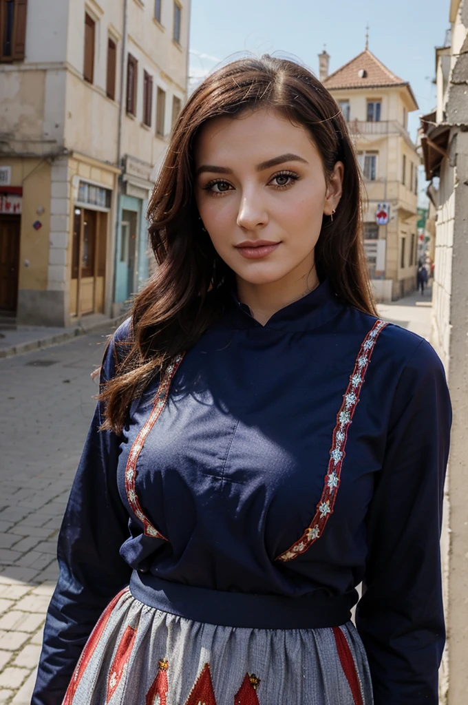 Kosovo, belle femme, smirk, ((tenue traditionnel au couleur du Kosovo)), dans la ville de Pristina, jolie visage, beau corp