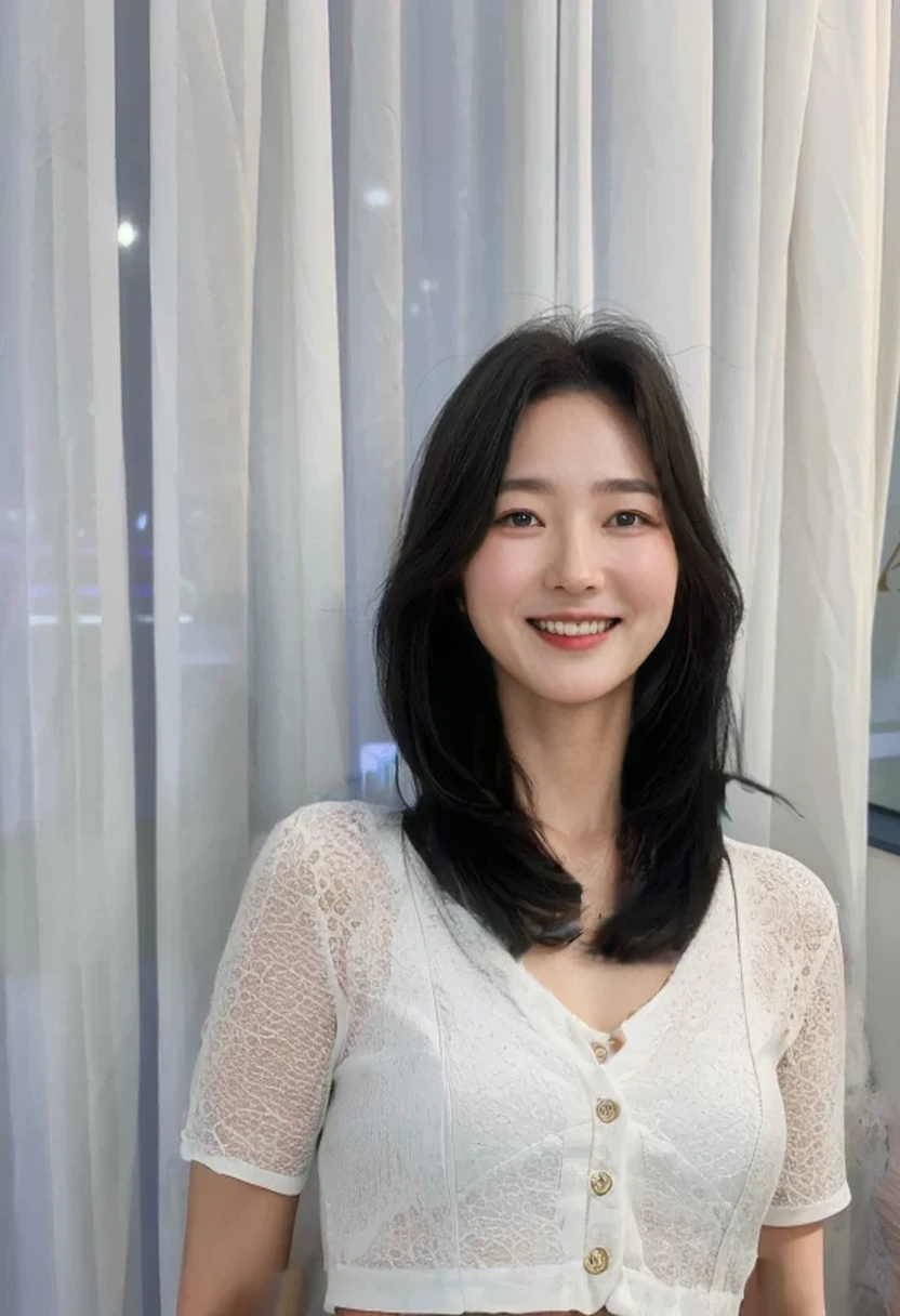 Best Quality, 8k, Masterpiece, (Portrait: 1.3), (photo realistic:1.4), (hyper realistic:1.4), Sharp Focus, looking at viewer, (smoother lighting:1.1), (increase cinematic lighting quality:0.9), realistic lighting, backlighting, light on face, ray trace, (brightening light:1.2), (Increase quality:1.4), sharp detail, (best quality real texture skin:1.4), finely detailed eyes, black_eyes, finely detailed face, 35 year old Korean woman
smiling_face
