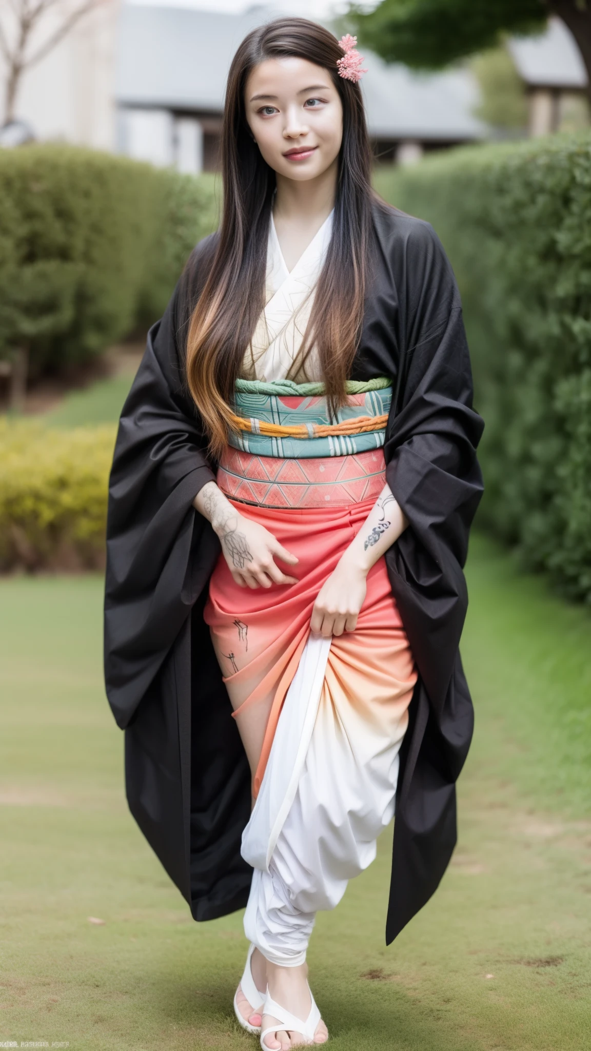 Female, moisturized skin, (pink and bright eyes), (full body: 1.4),
BREAK,
(kicking: 1.3),
BREAK,
(black grass tattoo on body: 1.3),
BREAK,
(cute kimono: 1.2), (black haori: 1.2),
BREAK,
(super long hair), (light gradient hair: 1.3), (red tips: 1.3),
BREAK,
(realistic: 1.3), (super high resolution), (highly detailed: 1.4), (full body: 1.4), (symmetrical: 1.2), (one shot),
BREAK,
(Japanese city: 1.2),
BREAK,
(Demon Slayer: 1.4), (Hirose Suzu: 1.3), (Kamado Nezuko),