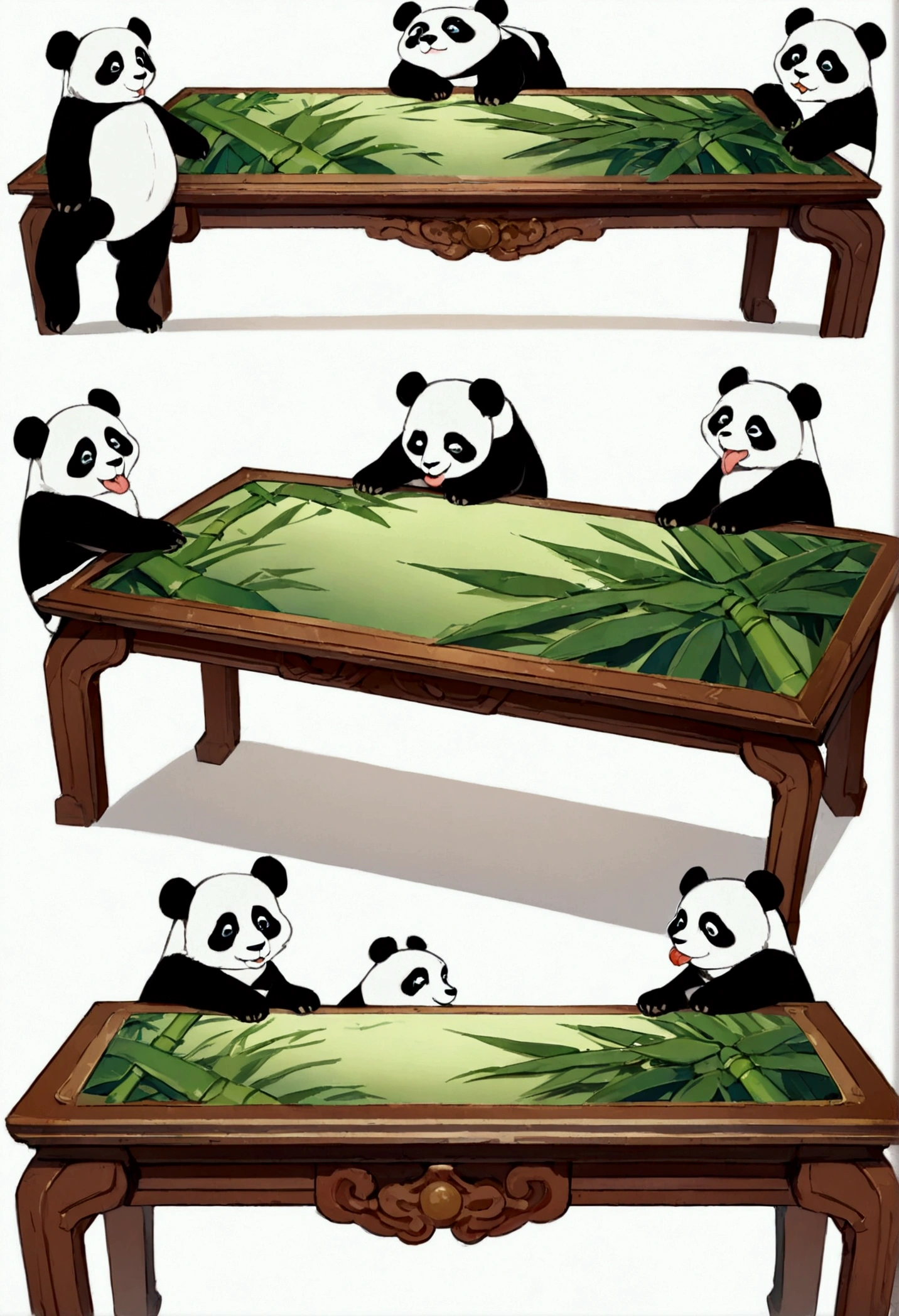List of cute Chinese giant panda emojis,cartoon animals,A green bamboo leaf on the head,Hands on hips,Short legs, (((Sad expression,Excited expression,Naughty tongue sticking out expression,Winking teasing expression))) , (((Detailed panda animal portrait table,Front view,side view,three quarter view))) (((White background))),masterpiece,Extreme details,8K resolution,panoramic,Depth of Field