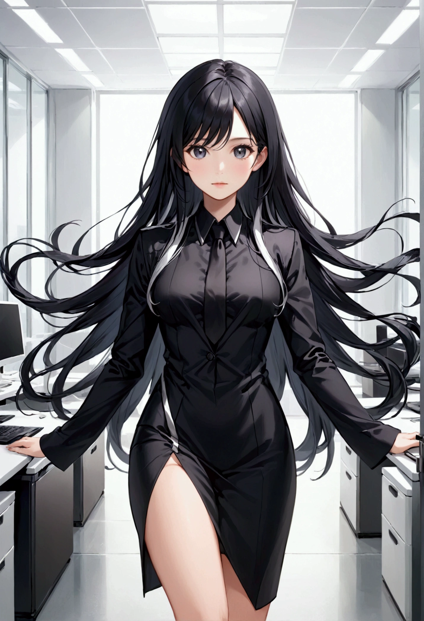 Mature Girl with long black hair with silver highlight, dark onyx eyes,tall rectangular body figure, office wear