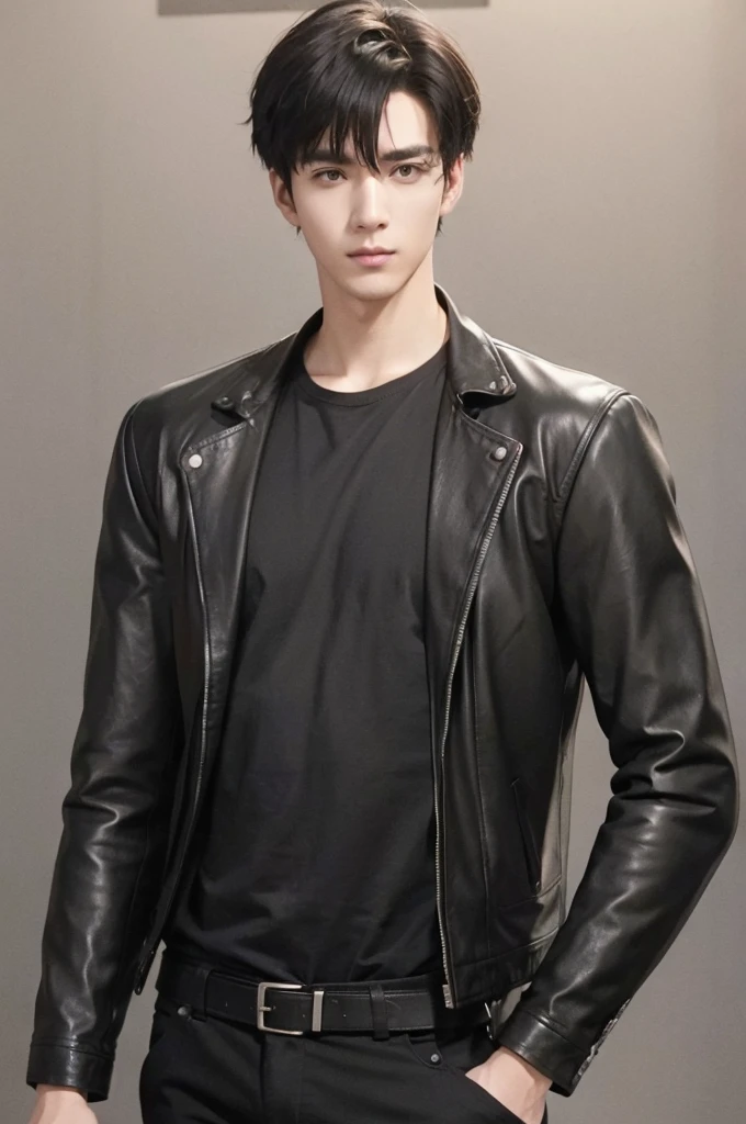 at office,wearing black leather jacket,two block haircut, Attractive man,Live-action photo,Handsome and sunny,(SLR effect,Reality,8K,Hyper-detailing,Absolute realism)