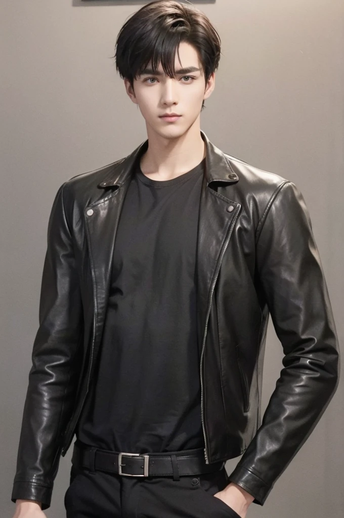 at office,wearing black leather jacket,two block haircut, Attractive man,Live-action photo,Handsome and sunny,(SLR effect,Reality,8K,Hyper-detailing,Absolute realism)