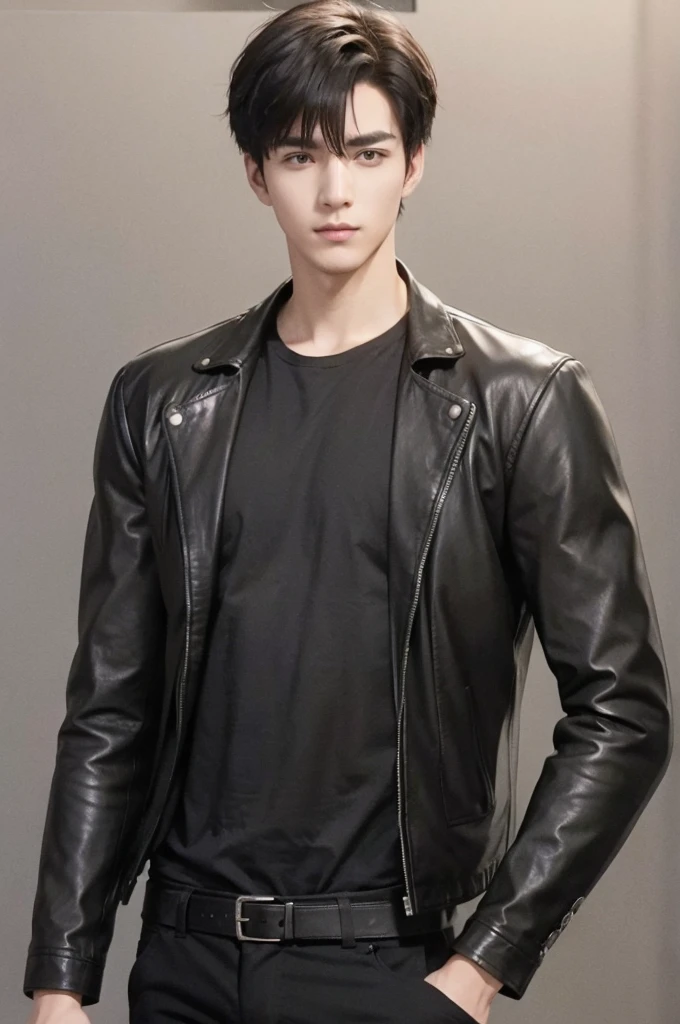 at office，wearing black leather jacket，two block haircut, Attractive man，Live-action photo，Handsome and sunny，（SLR effect，Reality，8K，Hyper-detailing，Absolute realism）
