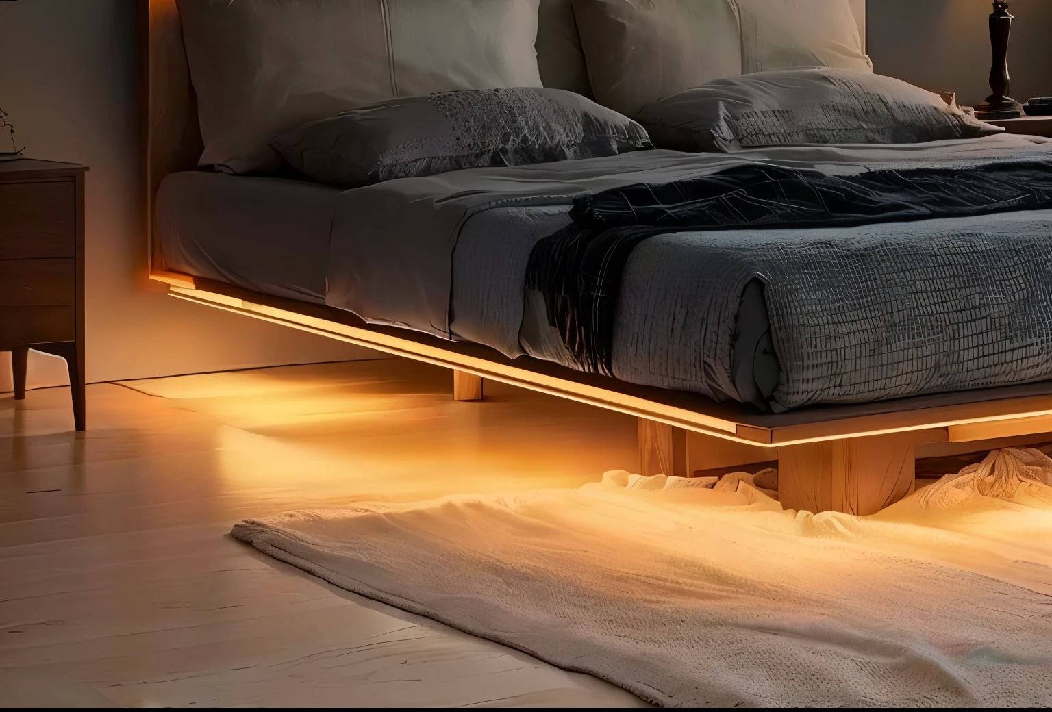 there is a bed with a wooden frame and a headboard, bed, beds, oled lights in corners, un made bed, warm ambient lighting, ambient amber light, dramatic ambient lighting, small bed not made, warm ambient light, complementary rim lights, soft ambient lighting, bed is not made, neon accent lights, contrast side light, edge lighting