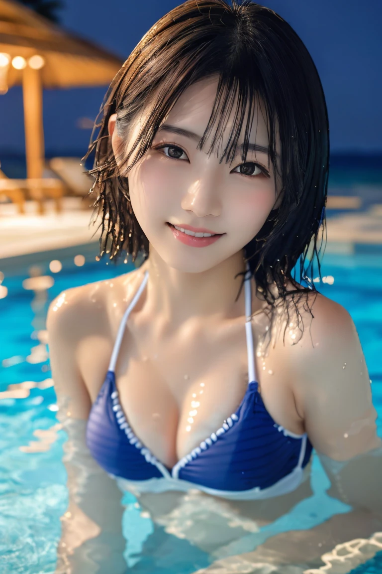 (masterpiece, best quality:1.1), (8k, raw photo, photo realistic:1.2, (shiny skin), detailed skin, medium breast, BREAK, medium bob hair:1.3, smile, detailed face, detailed eyes, BREAK, real world, intricate details, smil, BREAK, 1girl, very sexy pose, (sexy bikini:1.4, swim wear:1.3), BREAK, (night poor:1.3)