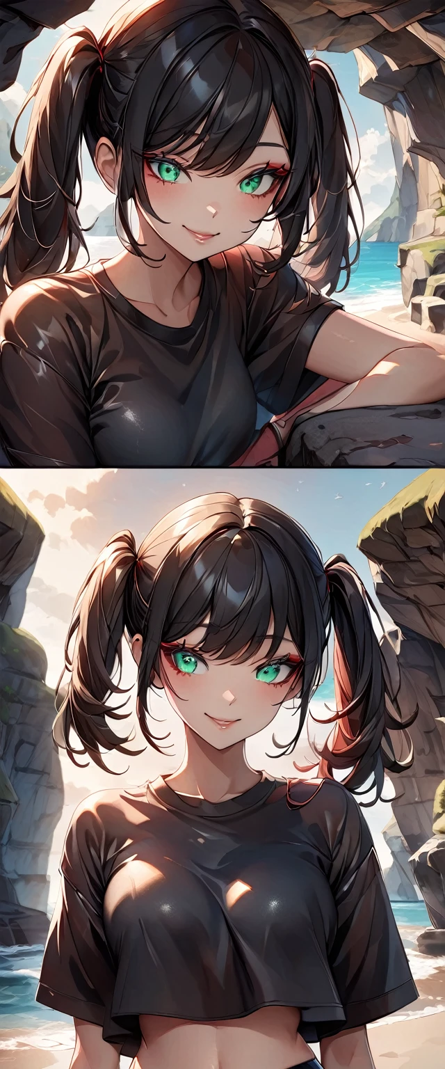 Photo of a girl with natural skin, ((Baby Face)), smile, Round face, A girl wearing mainly black and red, Upper Body, Seaside cave, The light is shining in, High Twintails, Black hair with red mesh, Sharp eyes with red eyeshadow, Blue-green eyes, Shining eyes, A thin, upturned nose, Well-shaped lips, ((crop top overhang, Short sleeve, Black clothes, Thighs, Glamour body)), Makeup, Exquisitely crafted with the utmost attention to detail, Vibrant, amazing, Smooth, Cinematic, 4K, Backlight, (()), Shallow depth of field, ((Detailed eyes:1.3, Detailed lips:1.3, high quality, )), masterpiece, Super detailed images, High quality
