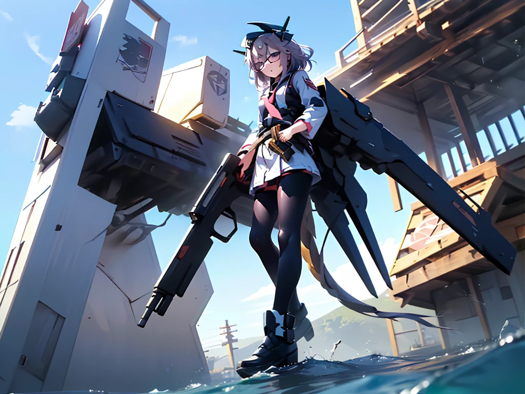 (((masterpiece, Vision))), ((((Full body of a woman with perfect flat chest、1 Female、solo、Short unkempt black hair、Tie your messy hair at the nape of your neck、white military jacket、Miko costume、black tights、Black glasses are black、White military cap、Cloudy black eyes、Confused eyes、Junyo-inspired emblem、Ship-style boots)))), (((Shipgirl))), ((Floating on the morning sea with both feet)), (Standing with your legs apart)), Aim, (Hold the shotgun turret grip with your right hand), (Four white mechanical dragons extend from its back.), (Equipped with a small hull with turrets on either side of the waist), (Equipped with a bridge on the back), (Left arm holds the grip of a double-barreled shotgun),