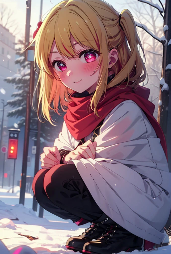 rubyhoshino, Hoshino Ruby, Long Hair, bangs, blonde, (Pink Eyes:1.3), Side Lock, (Symbol-shaped pupil:1.5), Multicolored Hair, Two-tone hair, smile,,smile,blush,white breath,
Open your mouth,snow,Ground bonfire, Outdoor, boots, snowing, From the side, wood, suitcase, Cape, Blurred, , forest, White handbag, nature, Squat, Mouth closed, Cape, winter, Written boundary depth, Black shoes, red Cape break looking at viewer, Upper Body, whole body, break Outdoor, forest, nature, break (masterpiece:1.2), Highest quality, High resolution, unity 8k wallpaper, (shape:0.8), (Beautiful and beautiful eyes:1.6), Highly detailed face, Perfect lighting, Highly detailed CG, (Perfect hands, Perfect Anatomy),